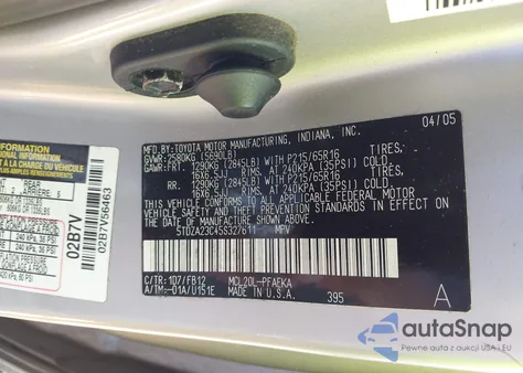 2005 Toyota Sienna Le z USA, uszkodzony, nr VIN 5TDZA23C45S327611